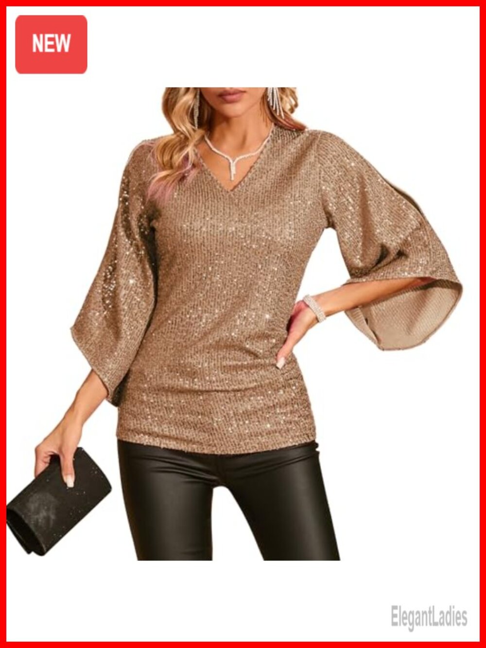 Sequin V-Neck Blouse 3/4 Sleeve Sparkly Party Top
